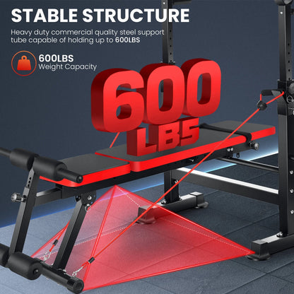 Juego De Banco Ajustable 6 En 1 Con Barra De Sentadillas/Atrapador De Pie Removible Ideal Para Inclinación, Plana, Decadencia Y Sentarse Equipo De Ejercicio De Cuerpo Completo