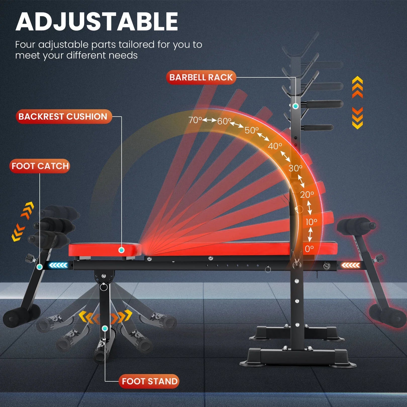 Juego De Banco Ajustable 6 En 1 Con Barra De Sentadillas/Atrapador De Pie Removible Ideal Para Inclinación, Plana, Decadencia Y Sentarse Equipo De Ejercicio De Cuerpo Completo