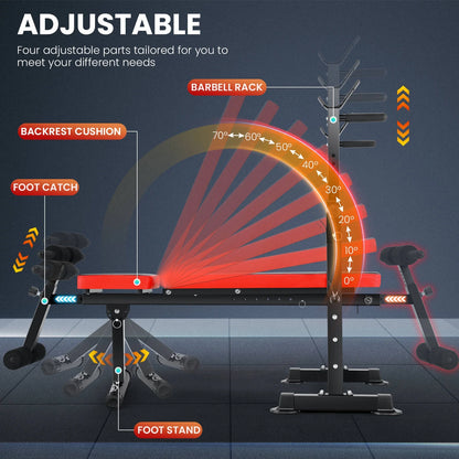 Juego De Banco Ajustable 6 En 1 Con Barra De Sentadillas/Atrapador De Pie Removible Ideal Para Inclinación, Plana, Decadencia Y Sentarse Equipo De Ejercicio De Cuerpo Completo