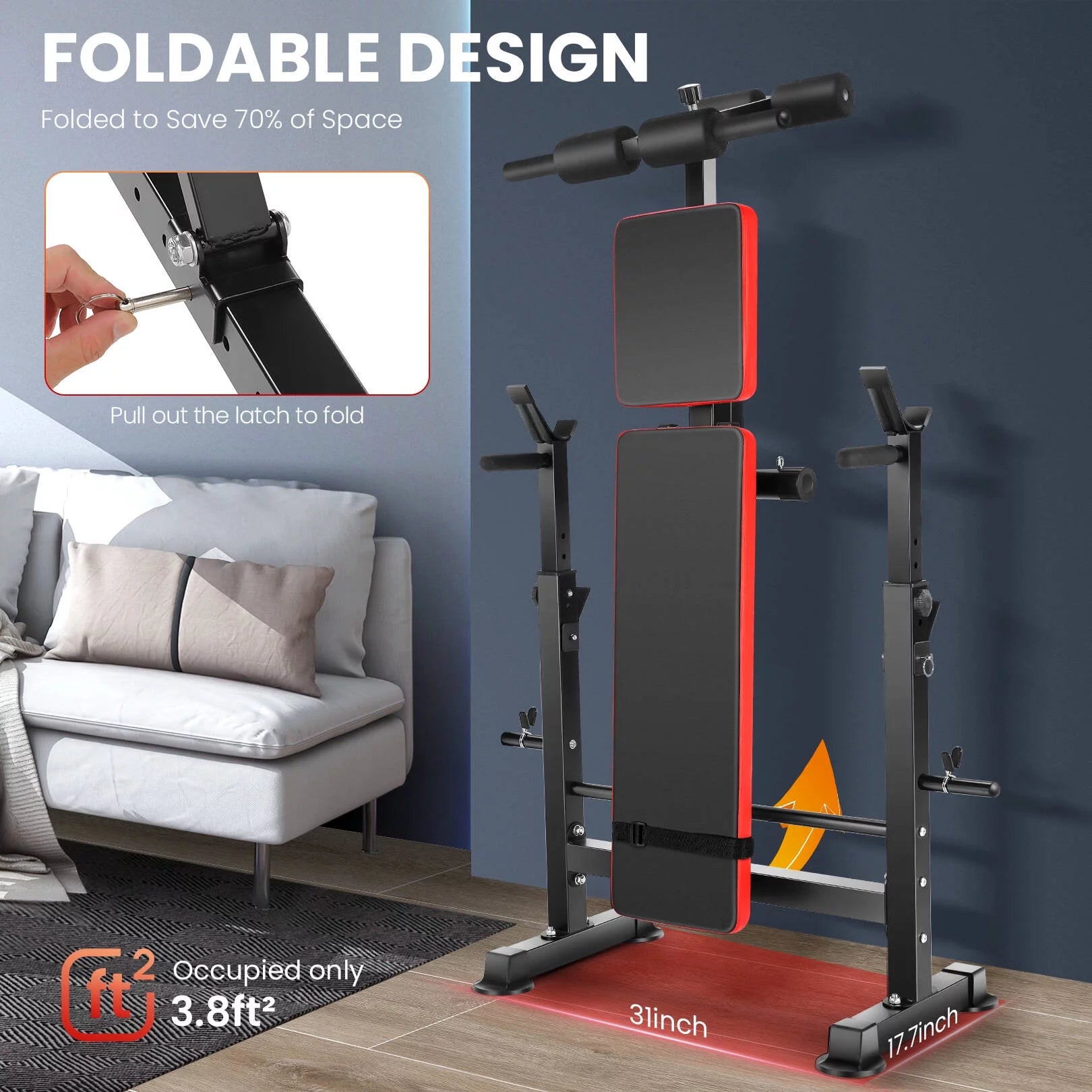 Juego De Banco Ajustable 6 En 1 Con Barra De Sentadillas/Atrapador De Pie Removible Ideal Para Inclinación, Plana, Decadencia Y Sentarse Equipo De Ejercicio De Cuerpo Completo