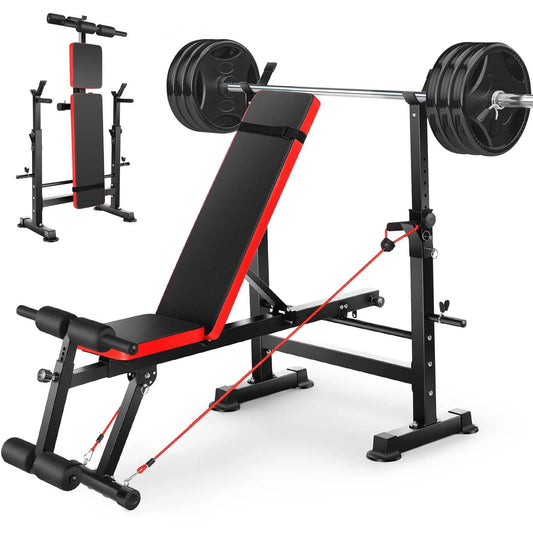 Juego De Banco Ajustable 6 En 1 Con Barra De Sentadillas/Atrapador De Pie Removible Ideal Para Inclinación, Plana, Decadencia Y Sentarse Equipo De Ejercicio De Cuerpo Completo