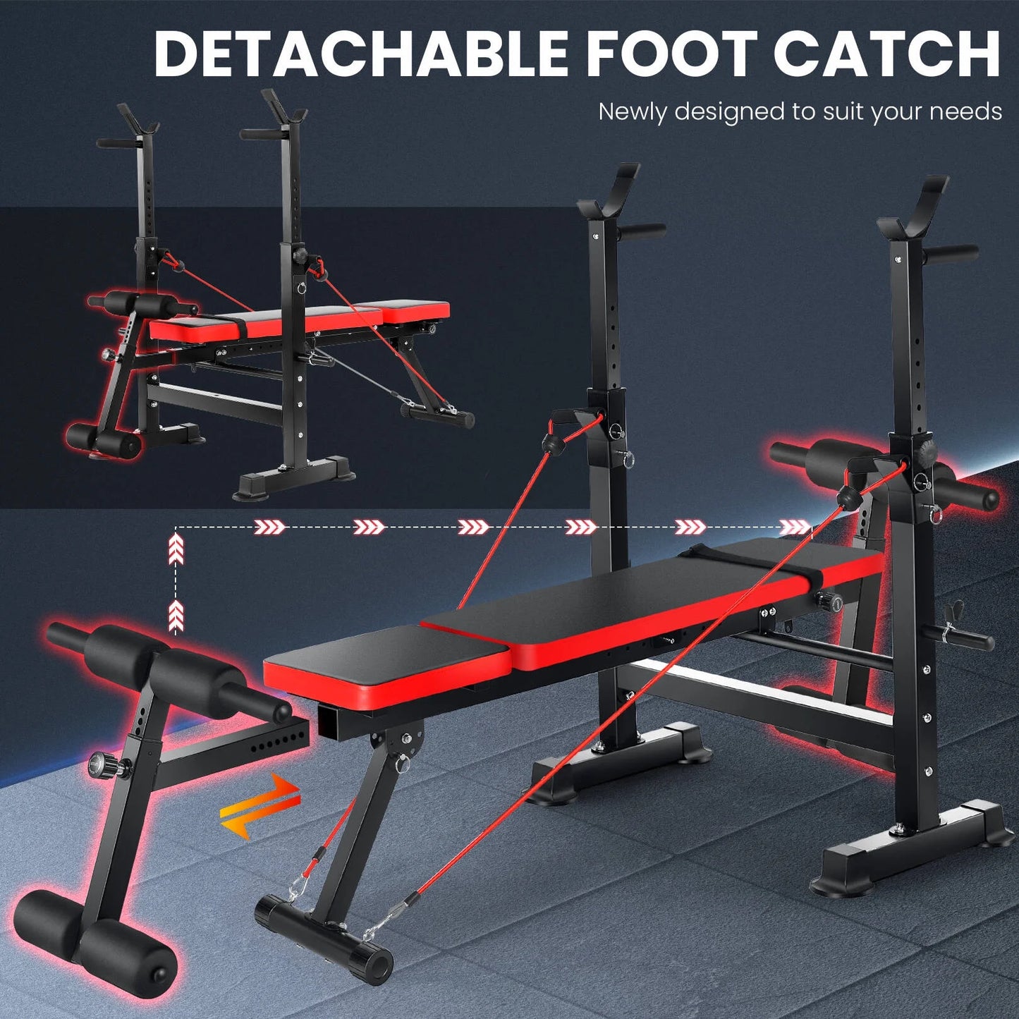 Juego De Banco Ajustable 6 En 1 Con Barra De Sentadillas/Atrapador De Pie Removible Ideal Para Inclinación, Plana, Decadencia Y Sentarse Equipo De Ejercicio De Cuerpo Completo
